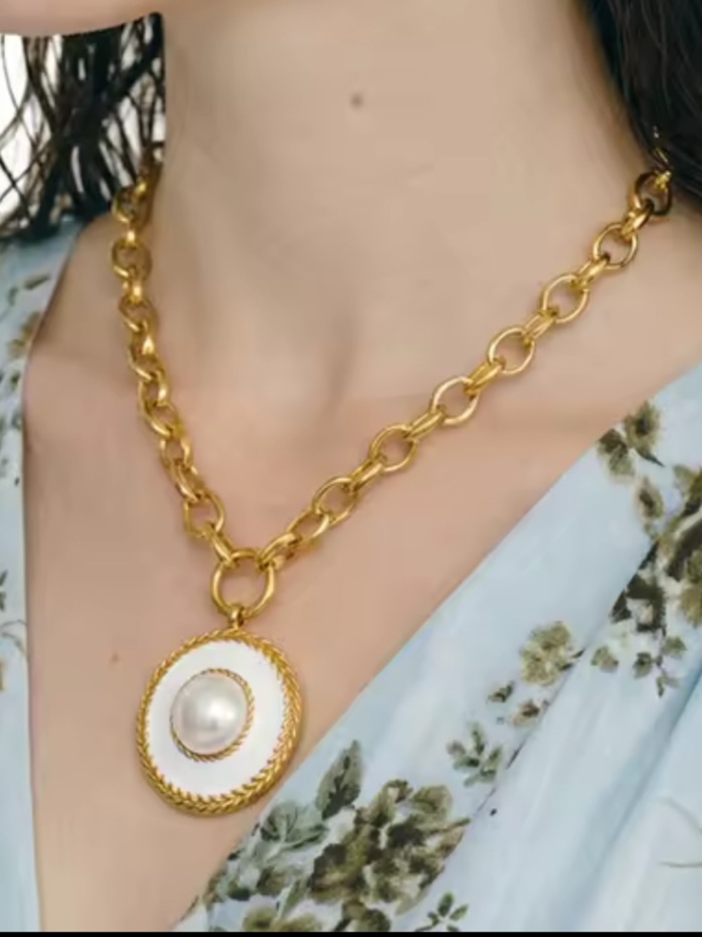 Gold Medallion White Pearl Circle Necklace